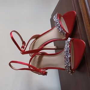 Jewel Badgley Mischka Red Satin Strappy Heels with Crystal Embellishments
